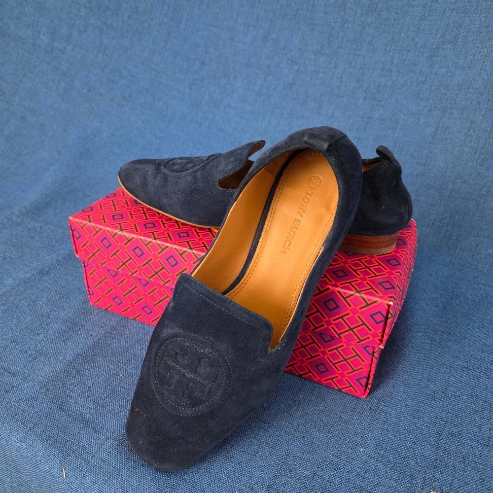 Tory Burch Leigh 15mm Elastic Loafer Silk Suede Perfect Navy Blue 76018 Womens 8